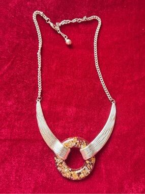 Y2K Vintage Modernist Ring Pendant Statement Necklace Mod Abstract Art Silver